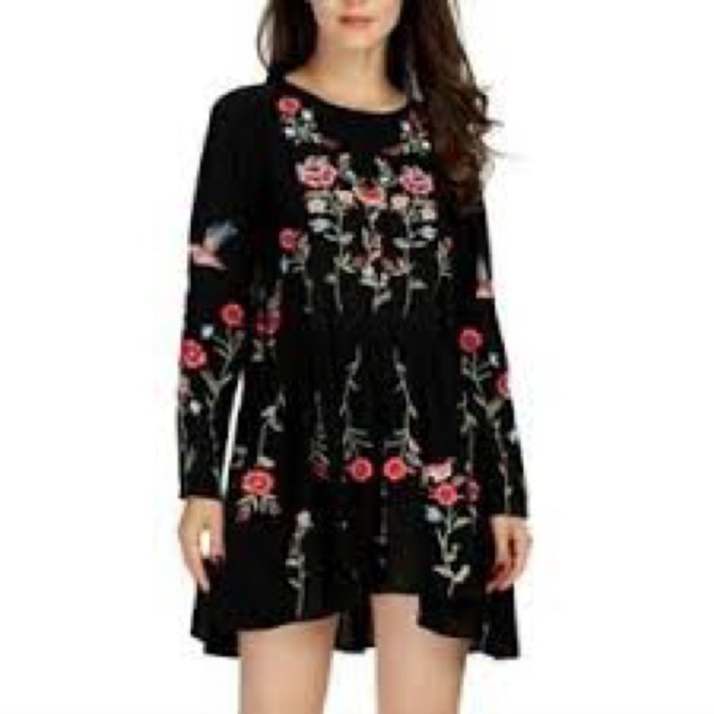 Zara Long Sleeve Embroidered Floral Mini Dress size S Black/ Multi - Picture 2 of 13
